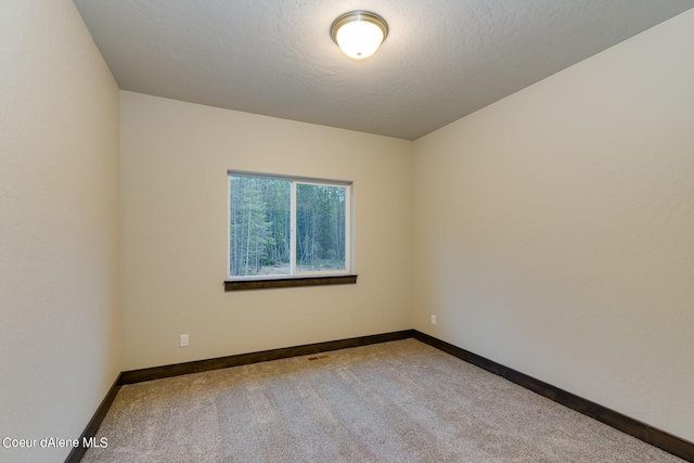 unfurnished room featuring a textured ceiling and carpet flooring