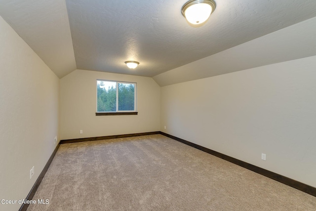 additional living space featuring lofted ceiling, light carpet, and a textured ceiling