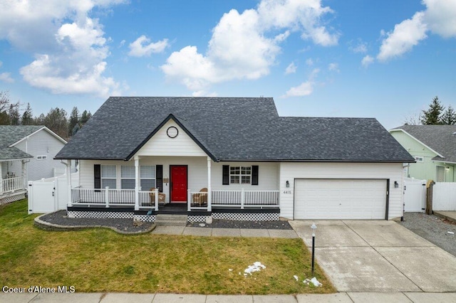 ranch-style house with a garage, a front lawn, and a porch