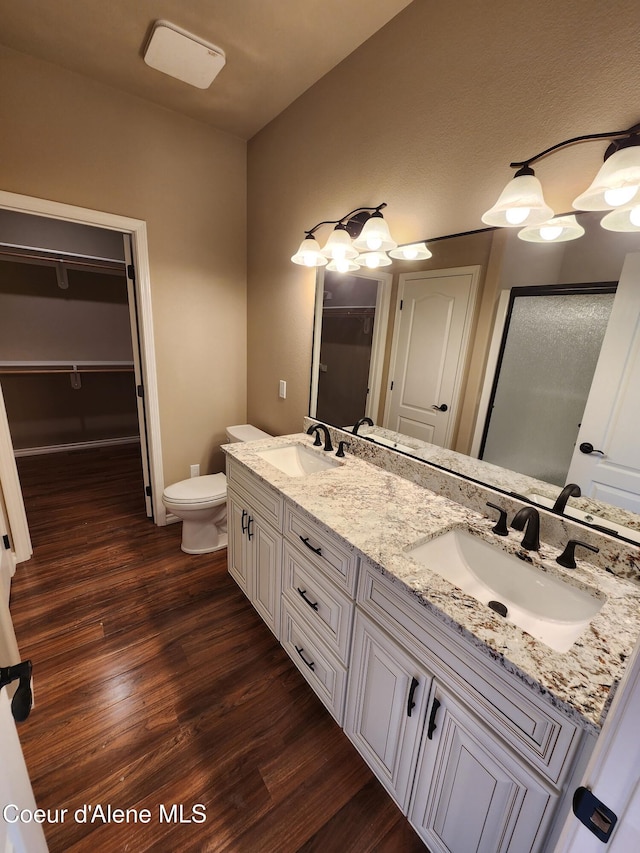 bathroom with toilet, hardwood / wood-style flooring, and vanity