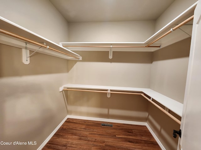 spacious closet with dark hardwood / wood-style flooring