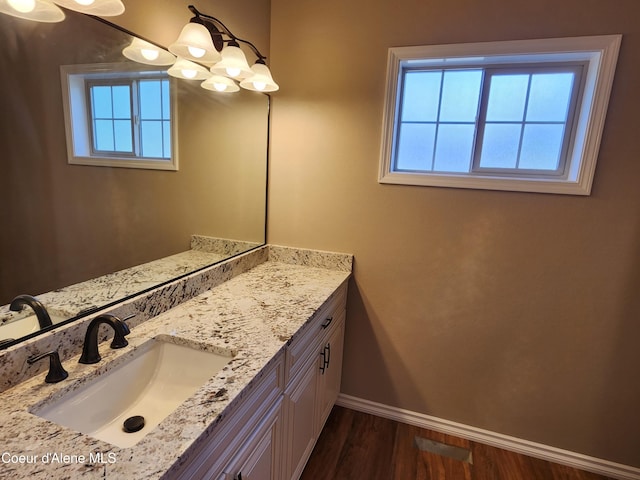 bathroom with wood-type flooring, plenty of natural light, and vanity