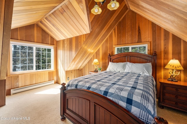 19503 E Hayden Lake Rd, Hayden, ID 83835 - carpeted bedroom featuring lofted ceiling, a baseboard heating unit, and wooden walls