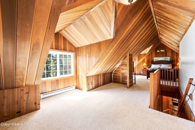 19503 E Hayden Lake Rd, Hayden, ID 83835 - bonus room featuring baseboard heating, lofted ceiling, wood walls, and carpet
