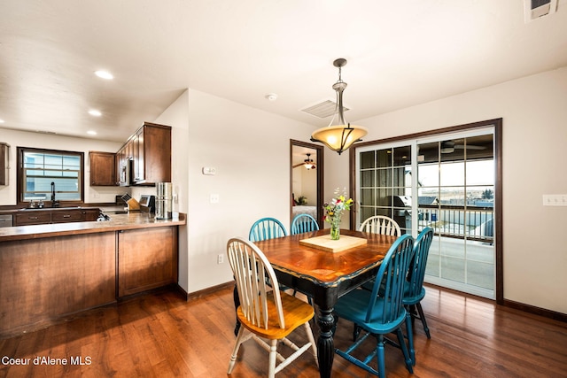 dining space with sink, a wealth of natural light, and dark wood-type flooring