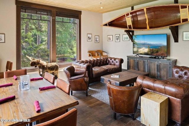 living room featuring dark wood-type flooring and wooden ceiling