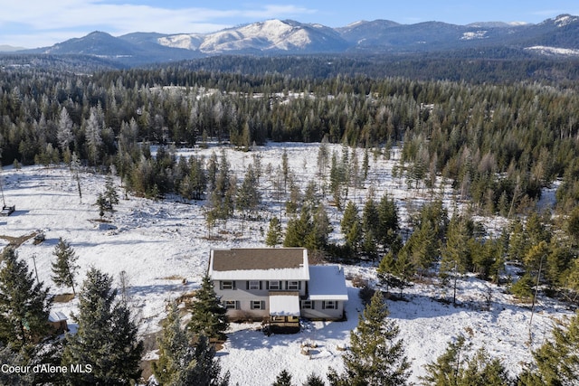 snowy aerial view featuring a mountain view