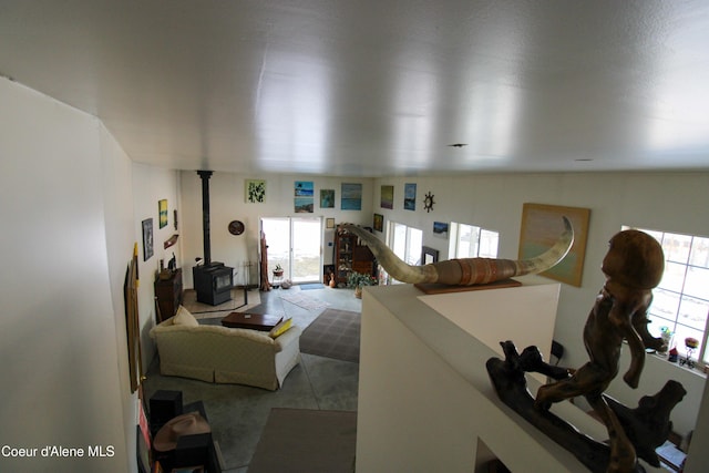 living room with a wood stove