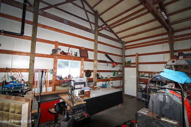 garage with a workshop area