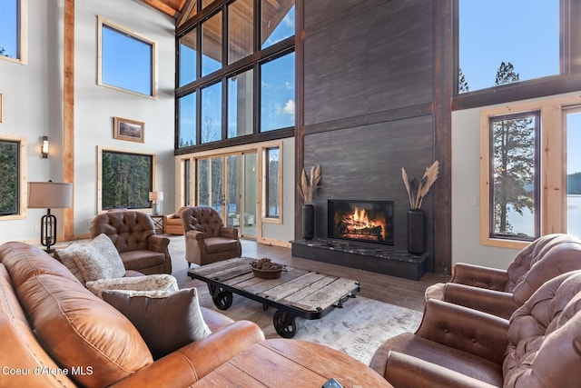 living area with a large fireplace, a high ceiling, and wood finished floors