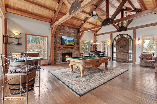 playroom featuring pool table, wood ceiling, wood finished floors, high vaulted ceiling, and beamed ceiling