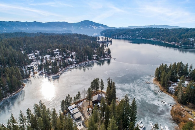 drone / aerial view featuring a water and mountain view