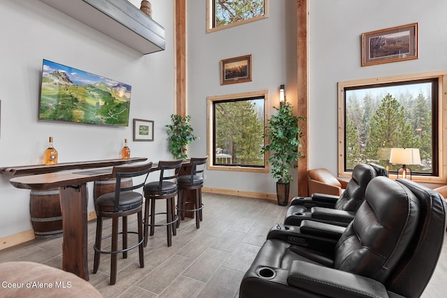 bar with wood finish floors, baseboards, a bar, and a high ceiling