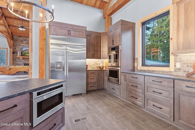 kitchen with tasteful backsplash, visible vents, dark countertops, wood ceiling, and built in appliances