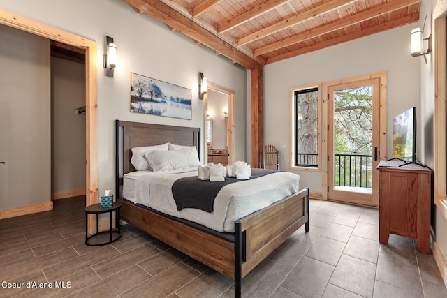 bedroom with wooden ceiling, baseboards, access to exterior, wood tiled floor, and beamed ceiling