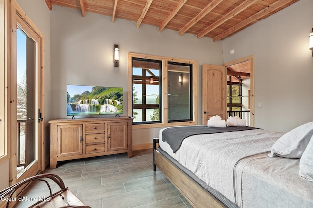 bedroom featuring wood ceiling, beamed ceiling, and baseboards