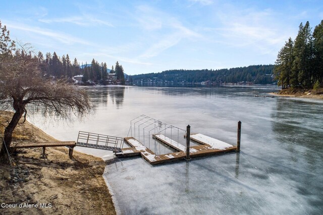 view of dock featuring a forest view and a water view