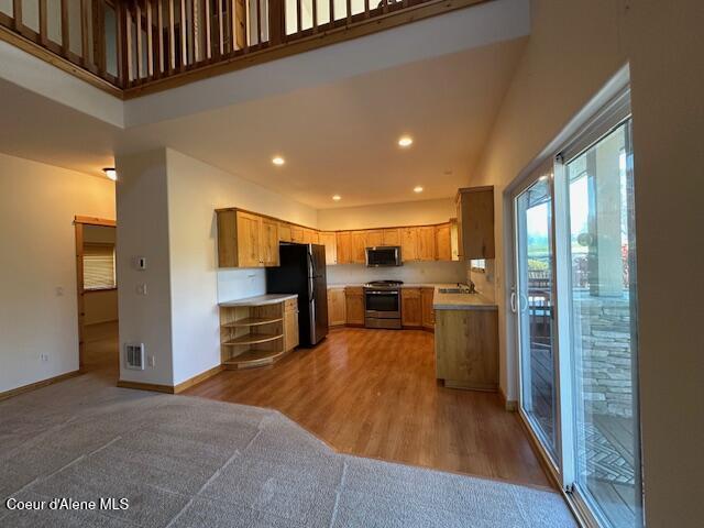 kitchen with sink, carpet flooring, and stainless steel appliances