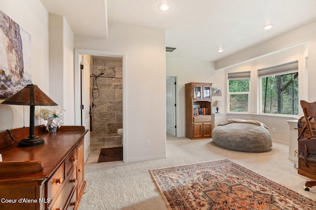 living area featuring light colored carpet