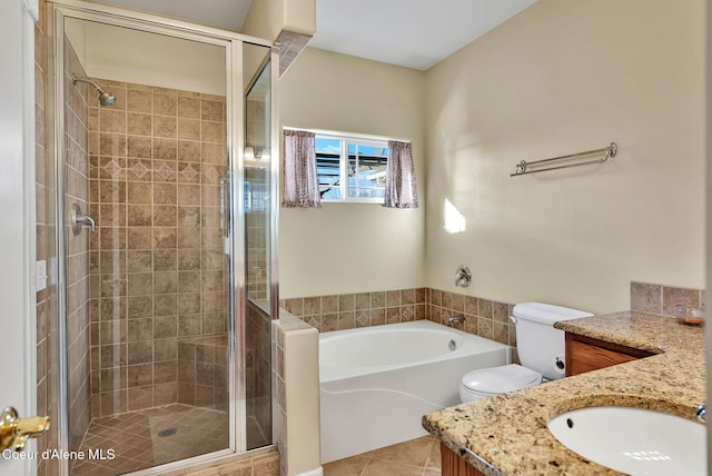 full bathroom featuring vanity, plus walk in shower, and toilet