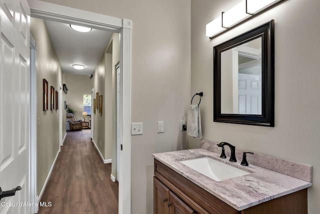 bathroom with hardwood / wood-style flooring and vanity