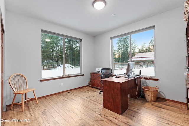 office featuring light wood-style floors, baseboards, and a wealth of natural light