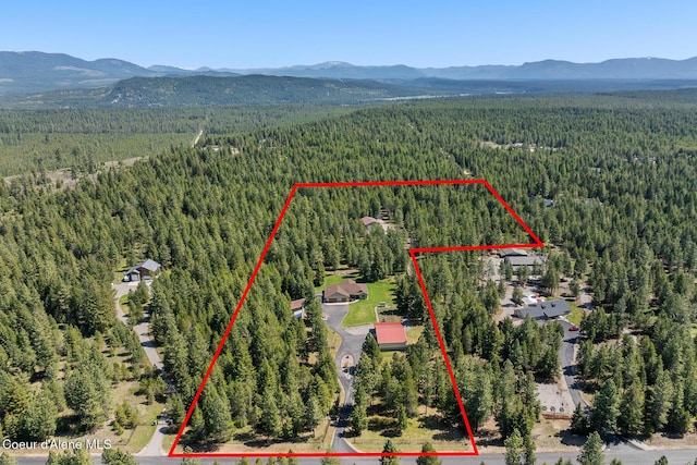 drone / aerial view with a mountain view and a wooded view