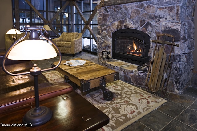 living room with a fireplace