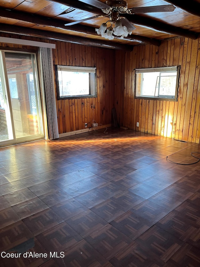 unfurnished room featuring beamed ceiling, dark parquet flooring, wooden ceiling, and wood walls