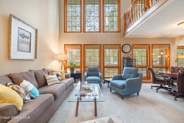 carpeted living room with a high ceiling