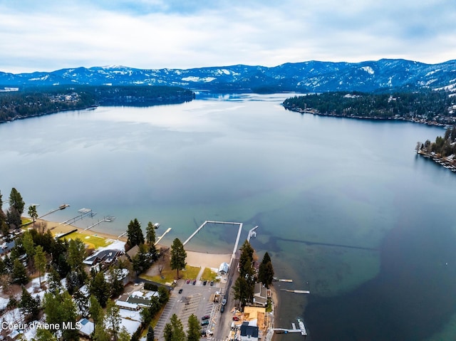 birds eye view of property with a water and mountain view