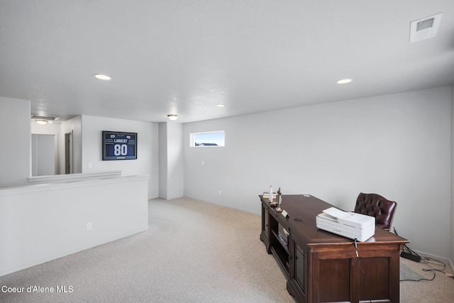 home office featuring light carpet