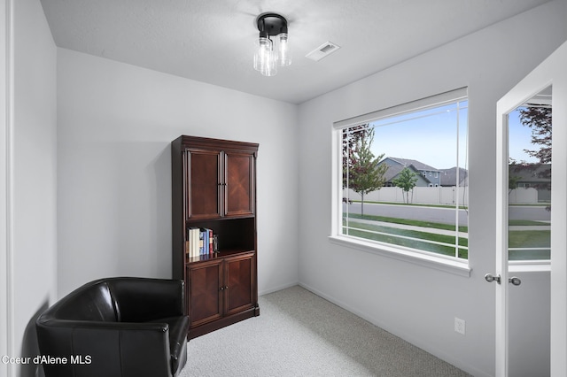 living area featuring plenty of natural light and carpet flooring