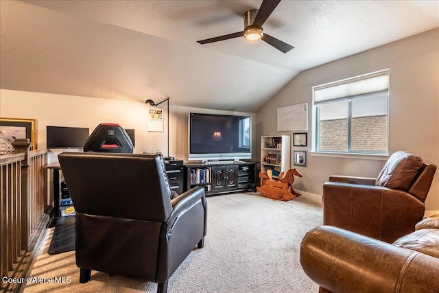 living room with light carpet, a textured ceiling, vaulted ceiling, and ceiling fan