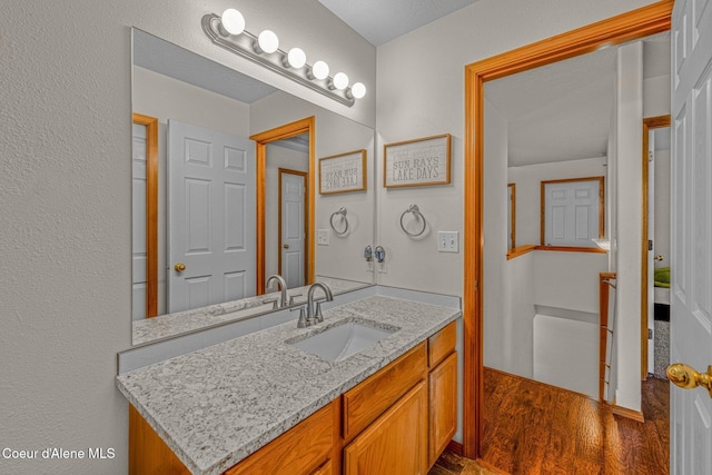 bathroom with vanity and wood-type flooring