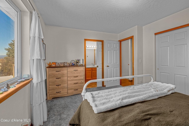 bedroom with dark colored carpet, sink, a textured ceiling, and a closet