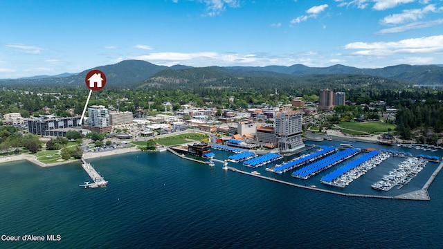 aerial view with a water and mountain view