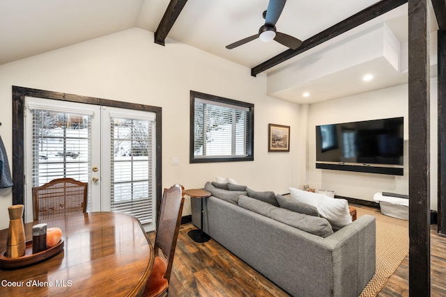 living room featuring french doors, ceiling fan, dark hardwood / wood-style flooring, and vaulted ceiling with beams