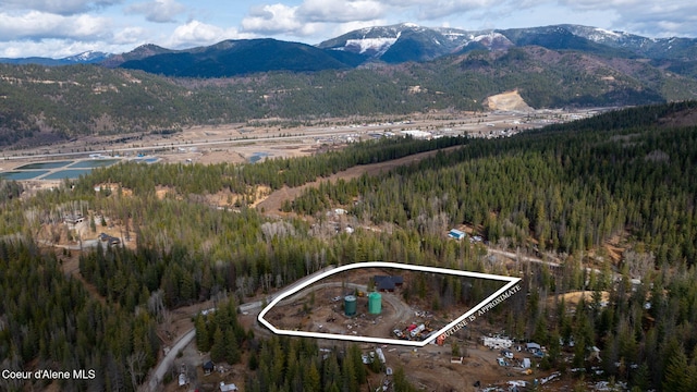 birds eye view of property featuring a forest view and a mountain view