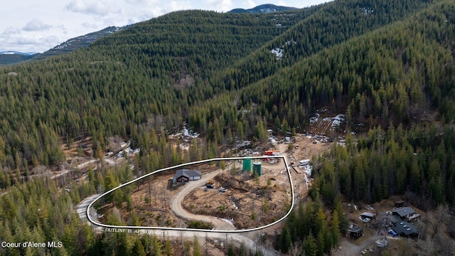 birds eye view of property with a view of trees and a mountain view