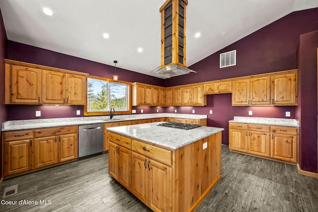 kitchen featuring visible vents, dark wood-type flooring, a sink, light stone counters, and appliances with stainless steel finishes