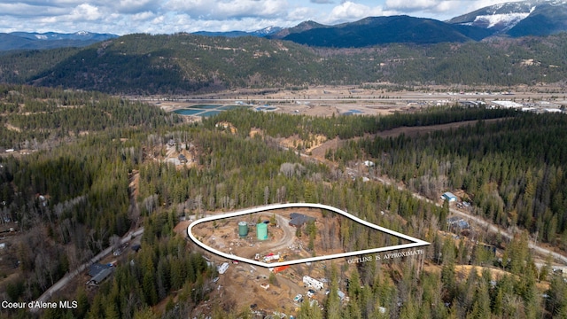 birds eye view of property with a mountain view and a forest view