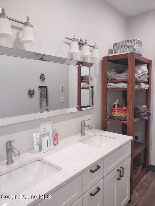 bathroom with vanity and wood-type flooring