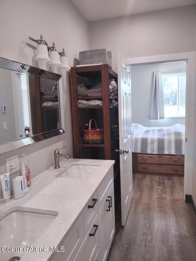 bathroom featuring vanity and hardwood / wood-style floors