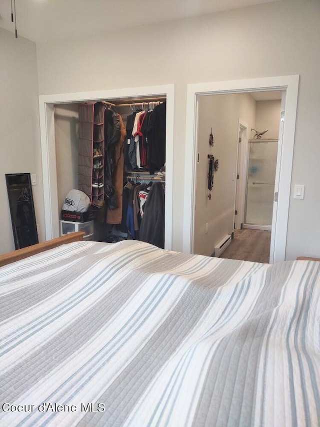 bedroom with a baseboard radiator, a closet, and wood-type flooring