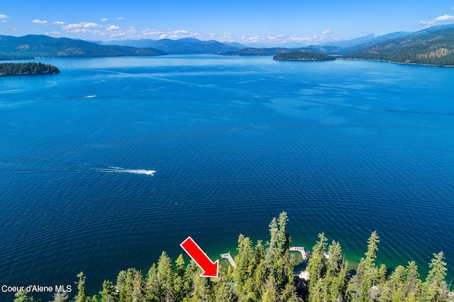 bird's eye view with a water and mountain view