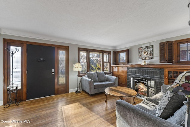 living room featuring crown molding, a fireplace, and wood-type flooring