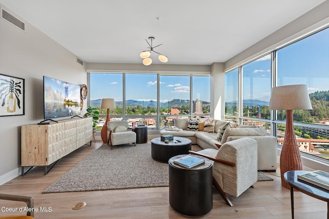 living room with wood-type flooring, a mountain view, and a healthy amount of sunlight