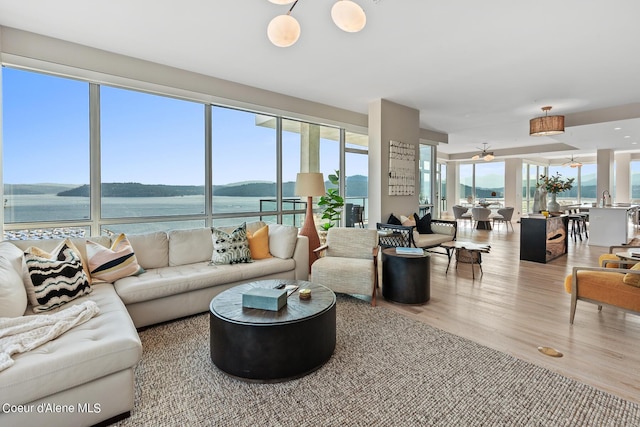 living room featuring hardwood / wood-style flooring and a water view