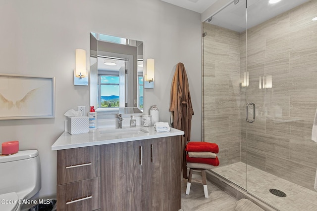 bathroom with vanity, toilet, and walk in shower